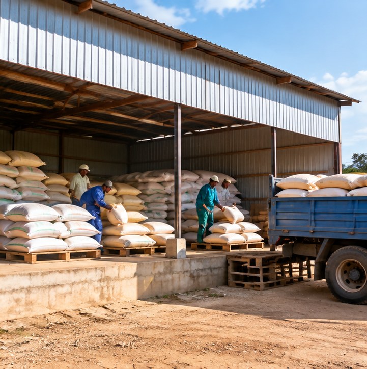Modest agricultural produce warehouse with grain sacks and loading
